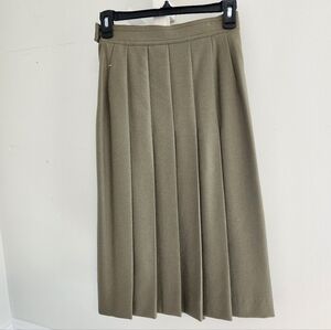 Louis Feraud Paris Vintage Wool Knife Pleat Midi Skirt Olive Khaki FR38 S/M 70s